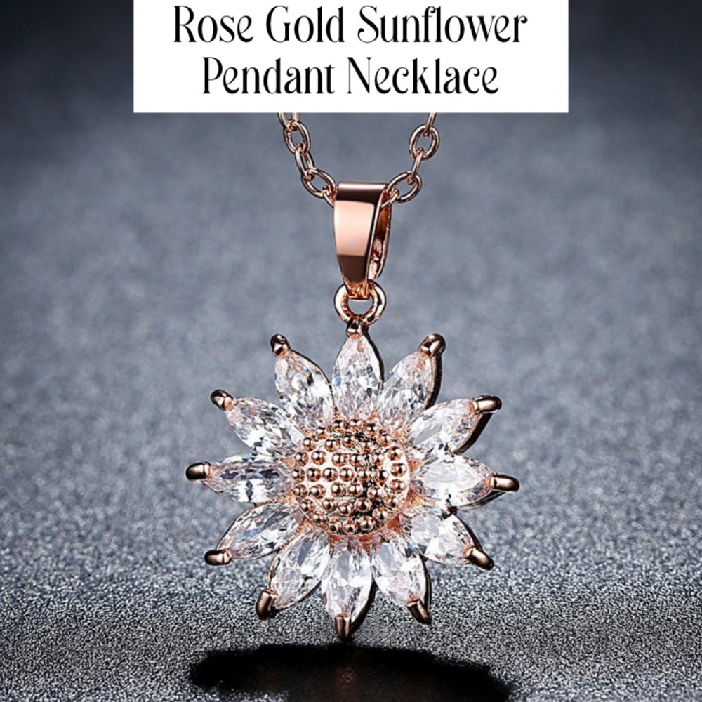 Regal Rose Gold Paved Sunflower Pendant Necklace
